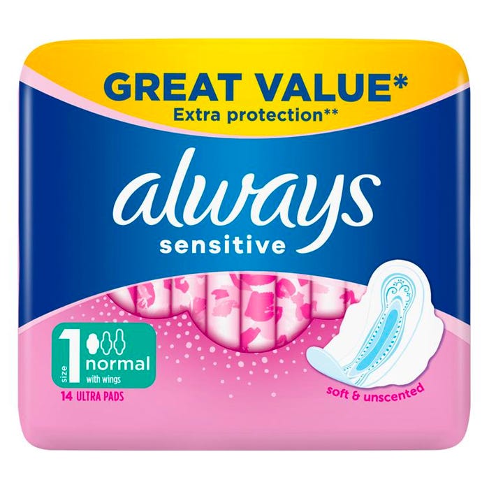 Always Sensitive Unscented Normal Wings (14 Pack)