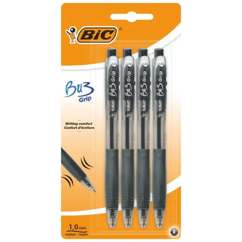 Bic Bu3 Grip 1.0 Retractable Ballpoint Pen - Black (Pack of 4)
